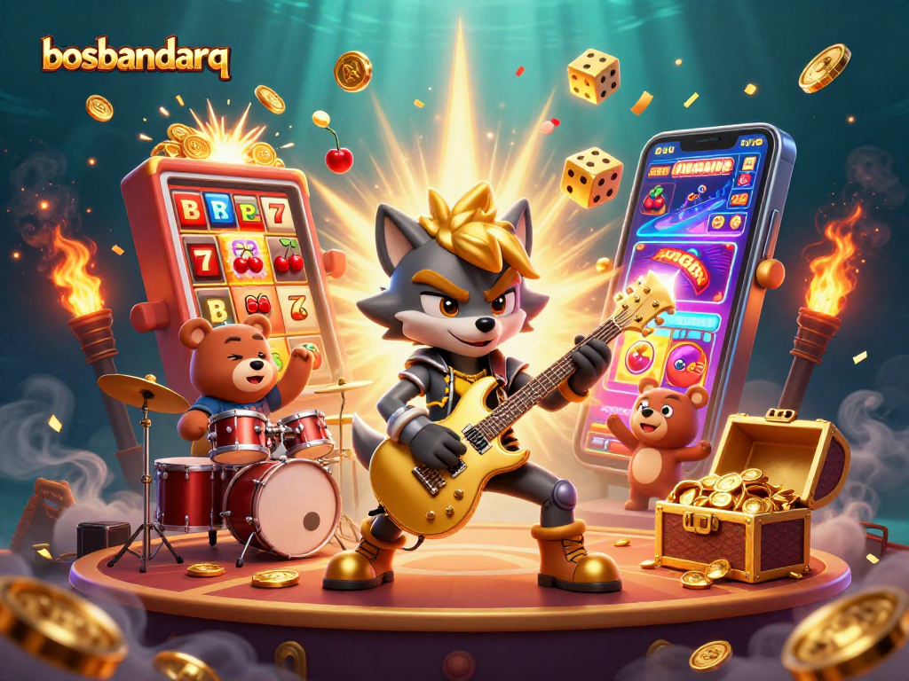 Experience the electrifying world of bosbandarq with dynamic casino elements and characters in a vivid 3D scene.