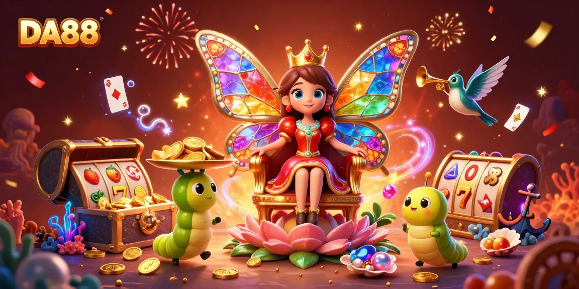 Experience the vibrant world of DA88 with a magical butterfly queen presiding over a casino adventure.