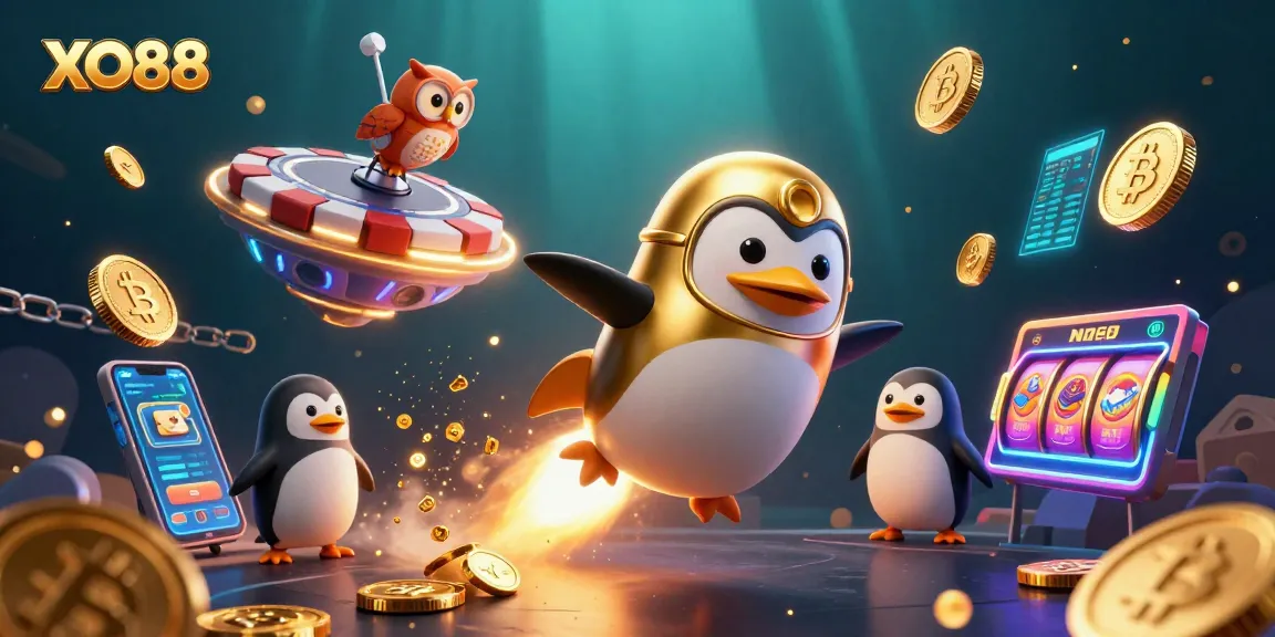 Experience thrilling action with XO88 as a golden penguin flies through casino-themed space, surrounded by crypto elements.