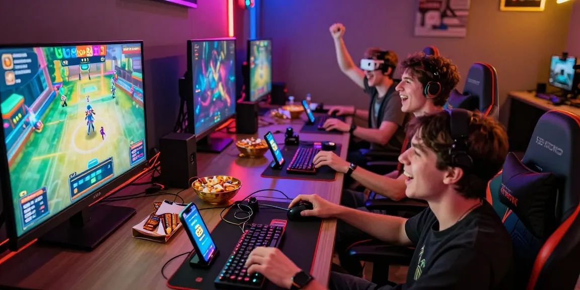 Friends enjoying a fun gaming night with luck-33 app on multiple devices.