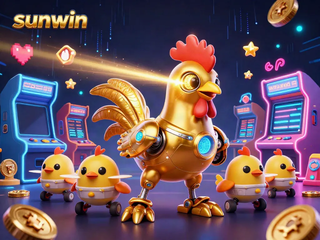 Experience the excitement of sunwin with a retro-futuristic golden rooster robot in a dynamic 3D casino setting.