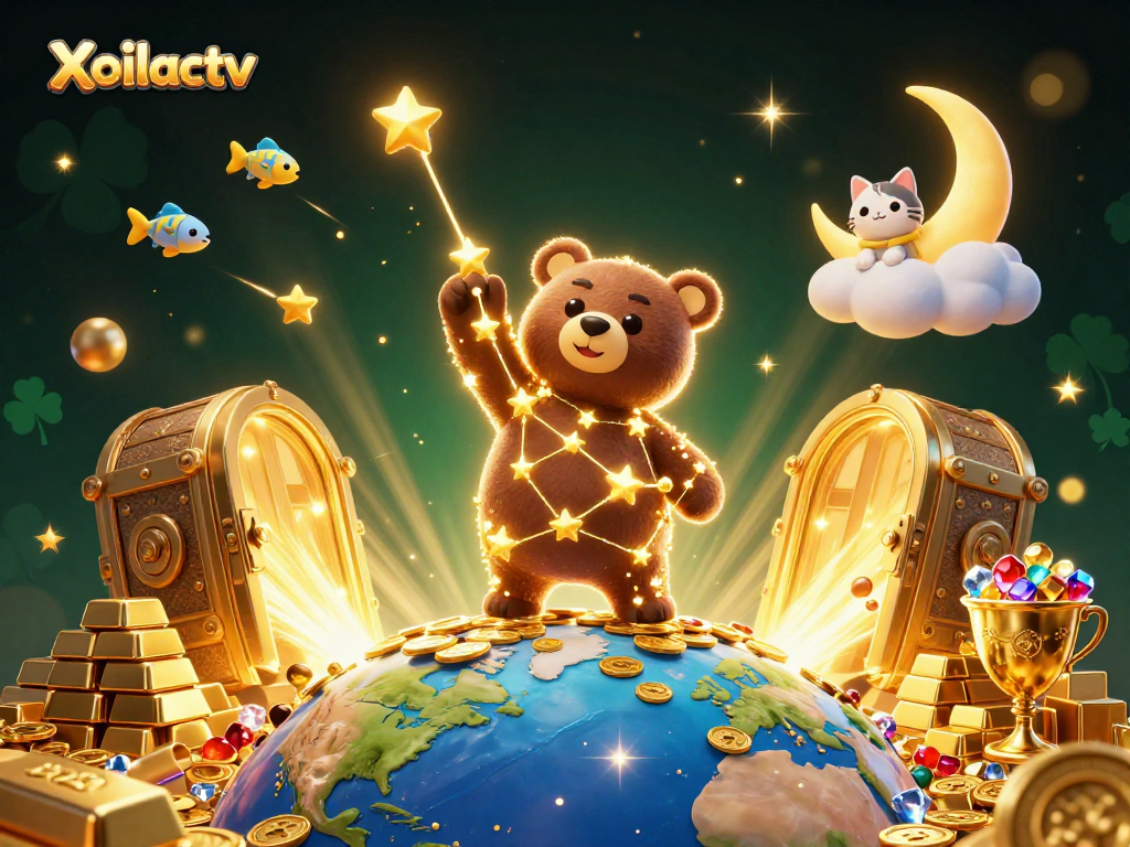 Xoilactv showcases vibrant 3D casino art featuring starry characters and golden treasures.