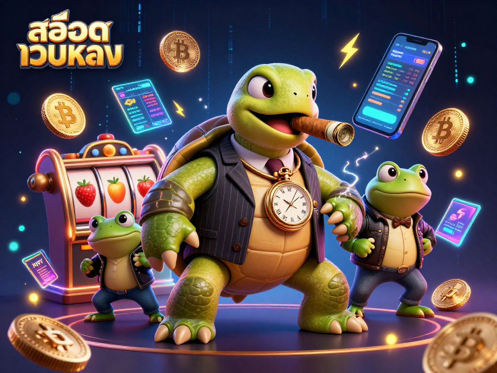 Engage with สล็อตเว็บตรง featuring a snapping turtle in a mobster suit amid vibrant casino elements.