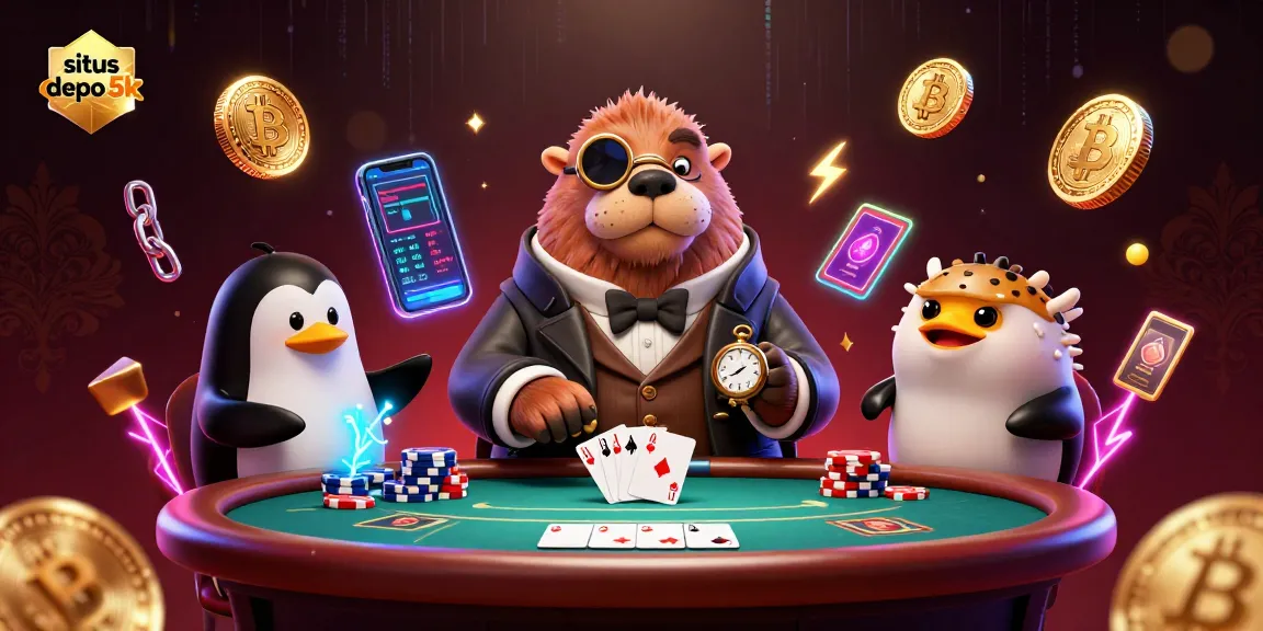 Join the excitement at situs depo 5k with a 3D cartoon poker scene featuring dynamic characters and vibrant elements.