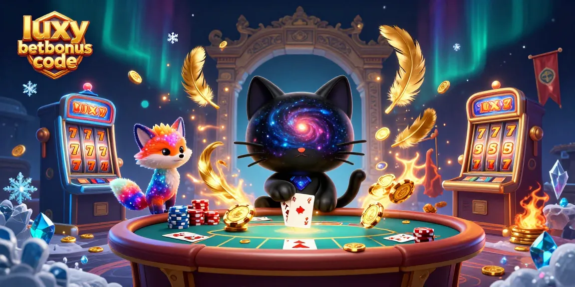 Experience the luxy bet bonus code with a cosmic casino scene featuring a black hole cat and colorful fox.