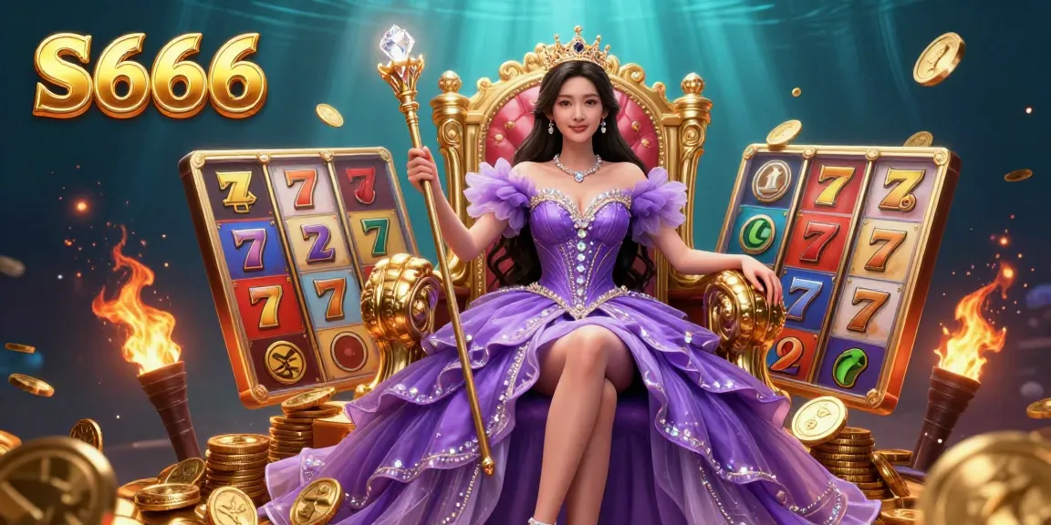 S666 offers an engaging casino experience with a beautiful Asian princess amidst colorful slot machines and jackpots.