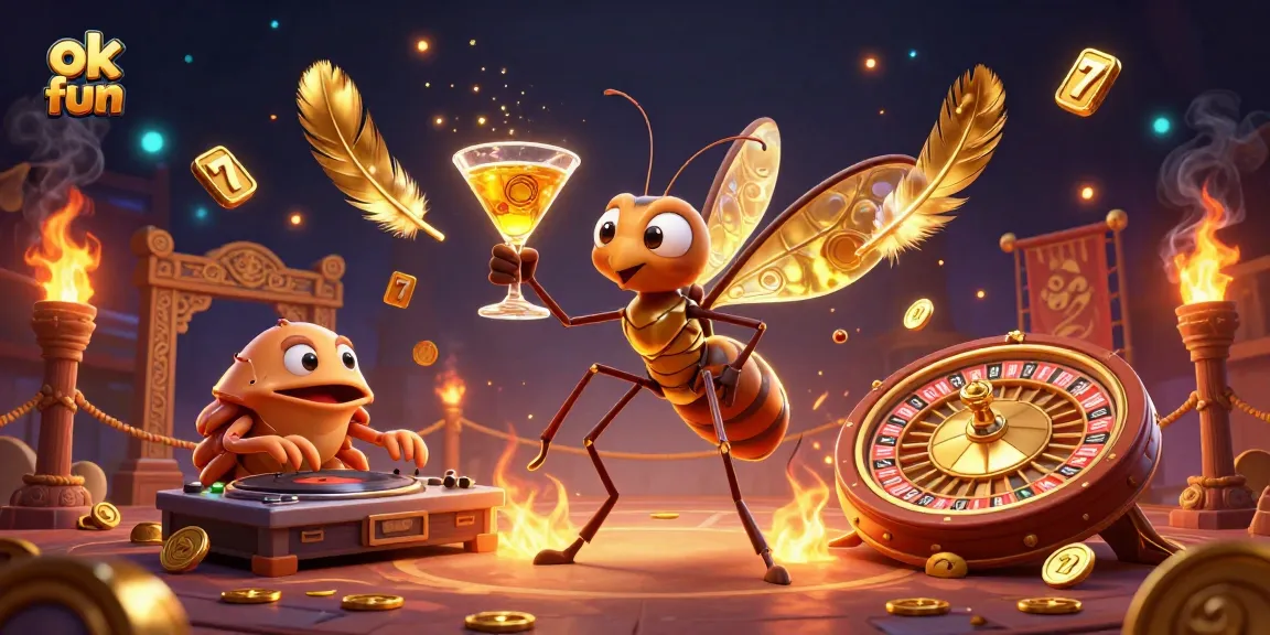 Engage in thrilling casino activities with ok fun, featuring a vibrant 3D illustration of a mosquito mascot.