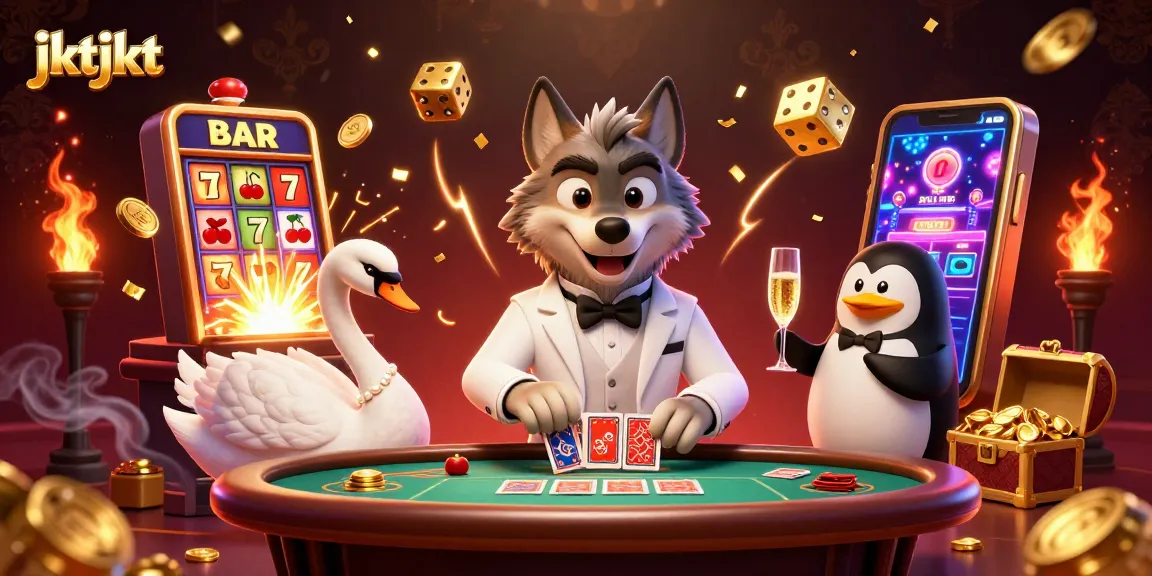 Permainan slot gacor dengan jktjkt, menampilkan serigala, angsa, dan penguin di meja baccarat yang megah.