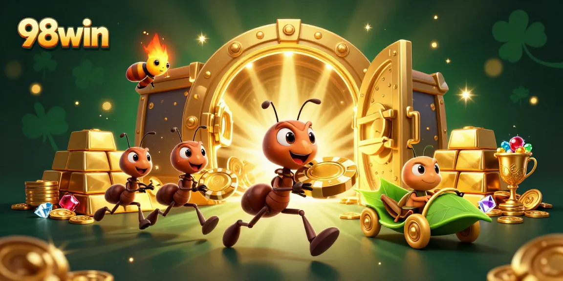 Experience thrilling gaming action at 98win, showcasing 3D cartoon ants and treasure in a casino heist.
