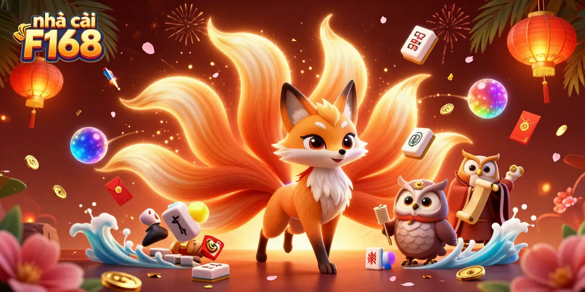 Engage with the vibrant world of nhà cái F168, showcasing a mystical nine-tailed fox and wise owl amidst colorful casino elements.