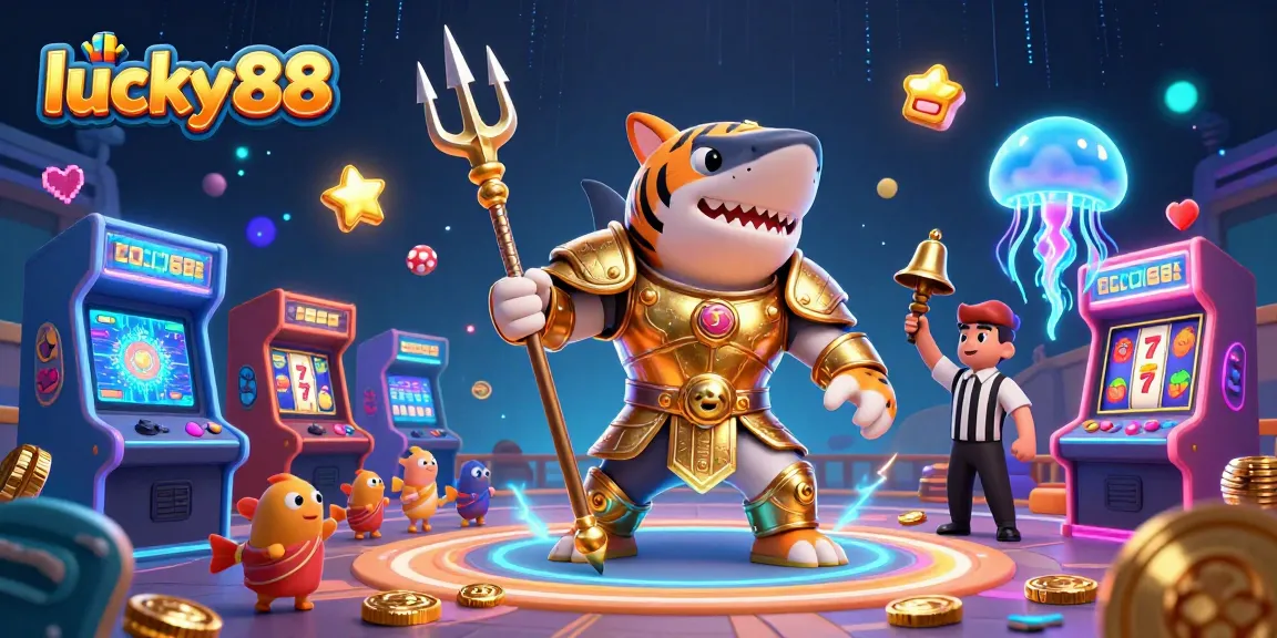 Experience the excitement of lucky88 slots with vibrant visuals of a fierce shark and arcade elements.