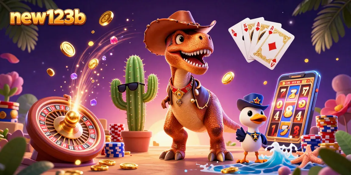 Win exciting jackpots with new123b, featuring animated casino characters and vibrant gaming elements.