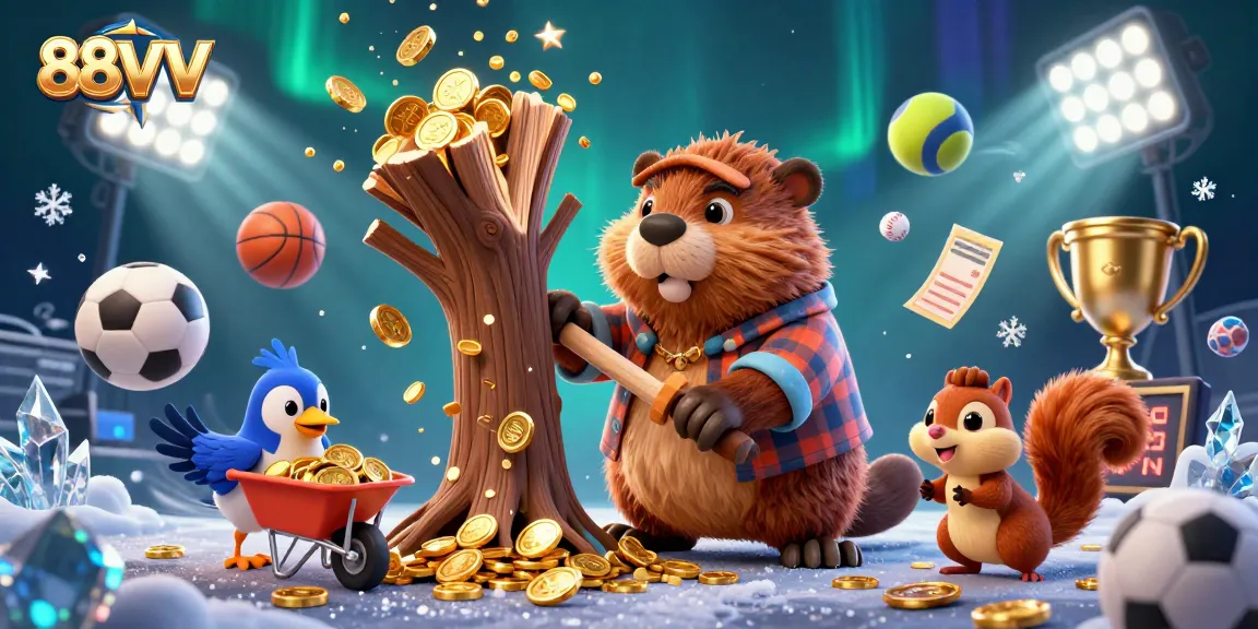 Engage in thrilling 88VV gameplay as a cartoon beaver collects coins amidst vibrant sports elements.