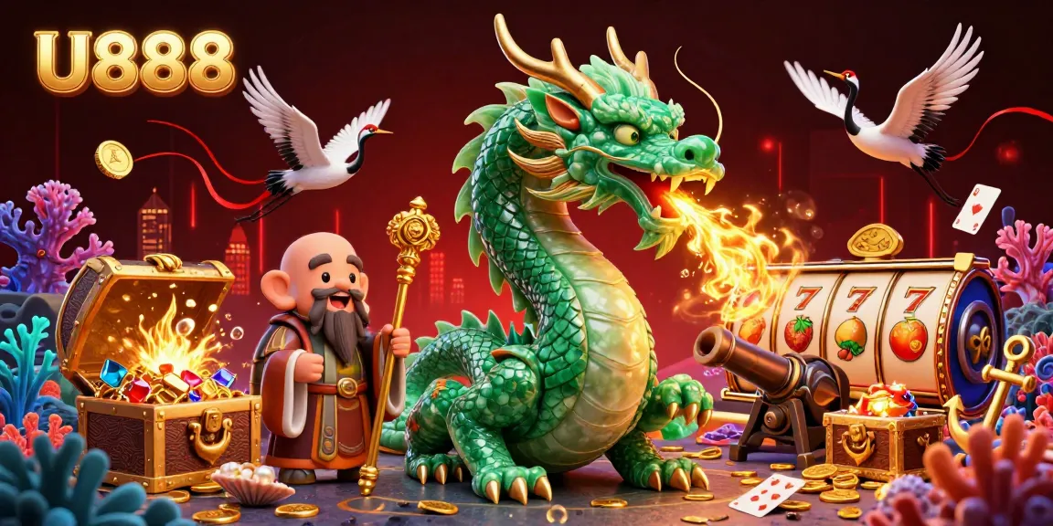 Experience thrilling gaming at U888 with a lively scene featuring a jade dragon and vibrant game elements.