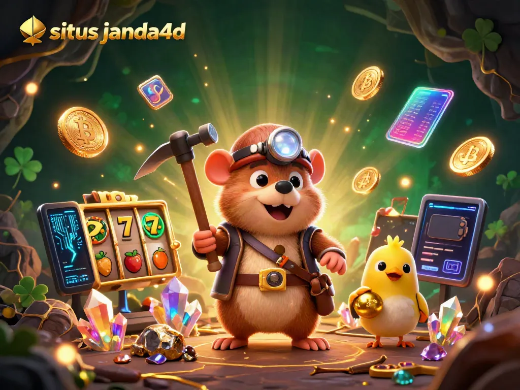 Ilustrasi 3D situs janda4d menggambarkan karakter pahlawan tambang di tengah permainan slot yang dinamis.