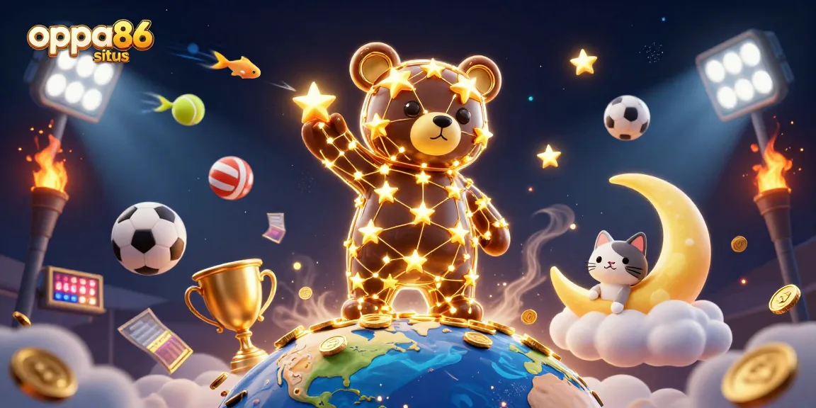Spin and win with oppa86 situs in this captivating 3D digital casino scene featuring dynamic sports elements.