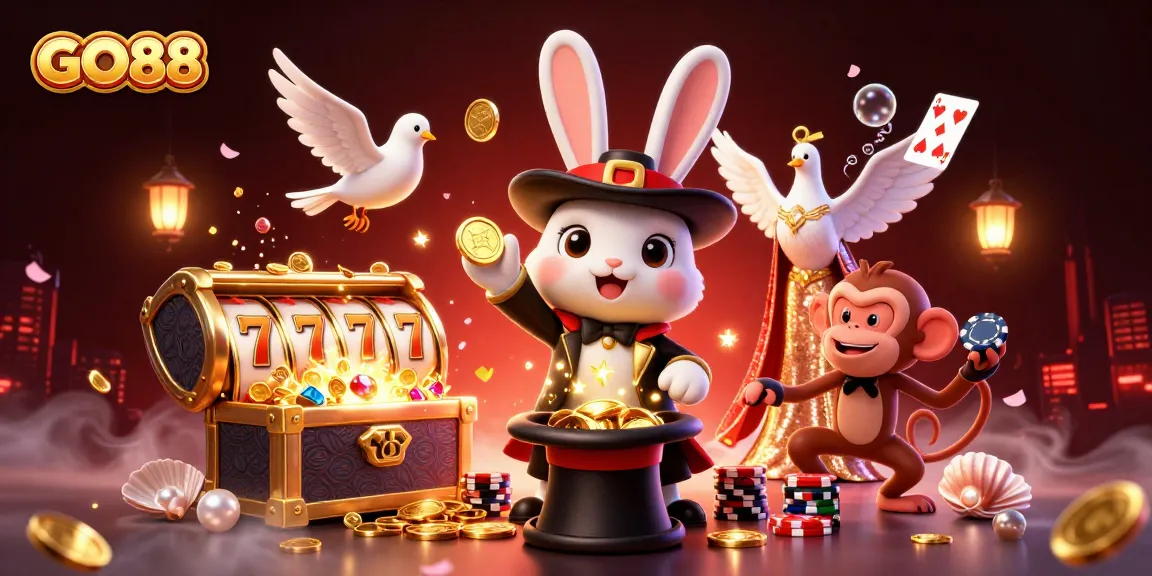 Experience the excitement of GO88 with a magician rabbit, sparkling coins, and lively casino elements in vibrant 3D.