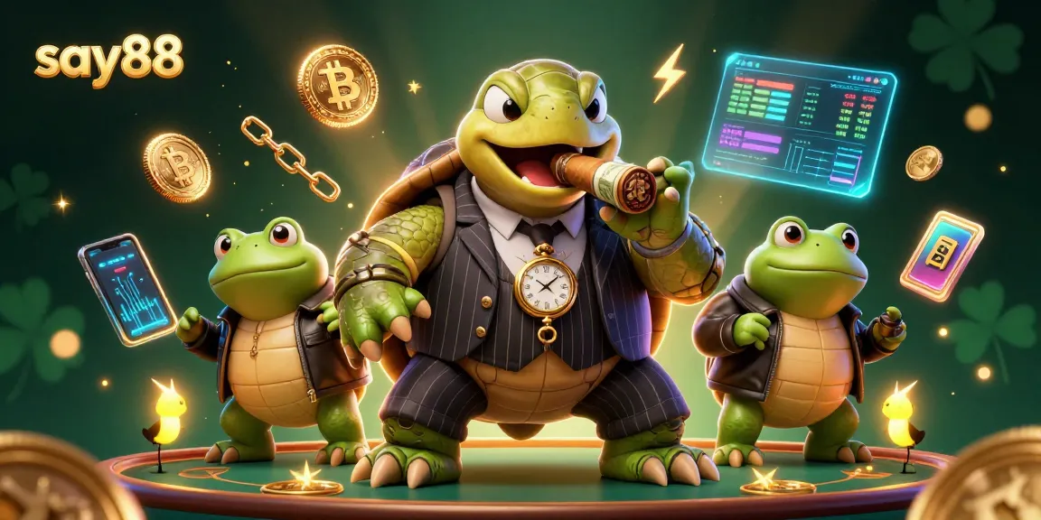 Experience excitement at say88 with a unique 3D casino scene featuring colorful characters and crypto elements.