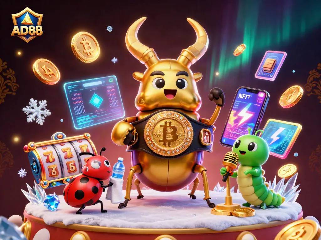 Engage in the thrill of AD88 casino with vibrant 3D beetle champions and colorful crypto elements.