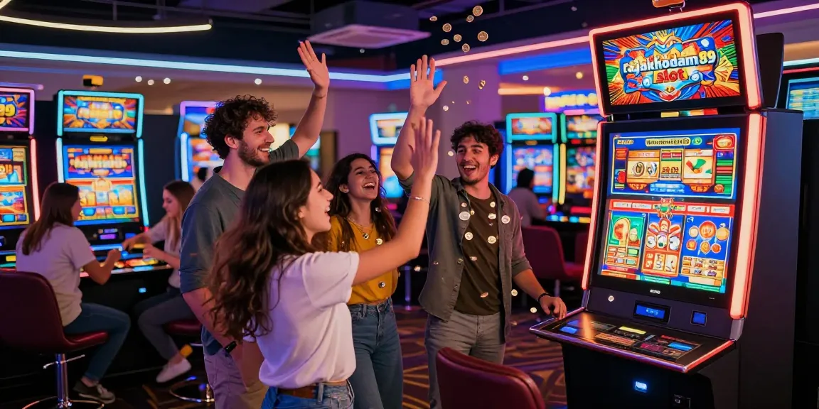 Group celebrating a win at rajakhodam89 slot machine in a vibrant casino.