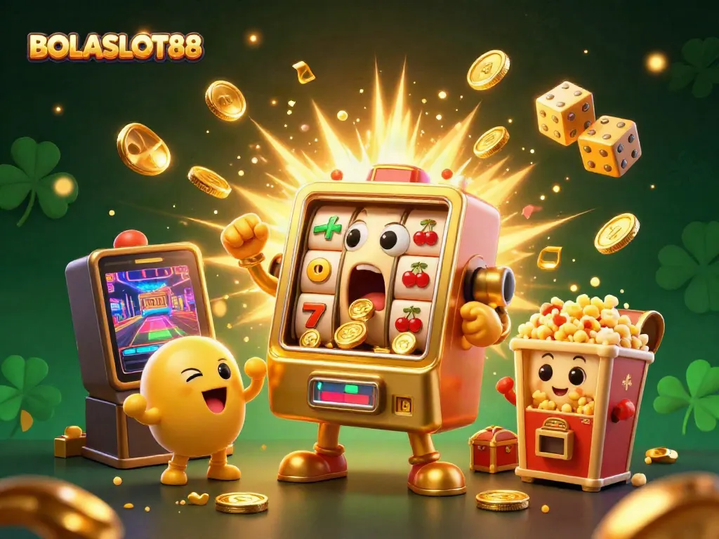 BOLASLOT88 features a golden slot machine celebrating a jackpot with coins, symbols, and cheering baby machines.