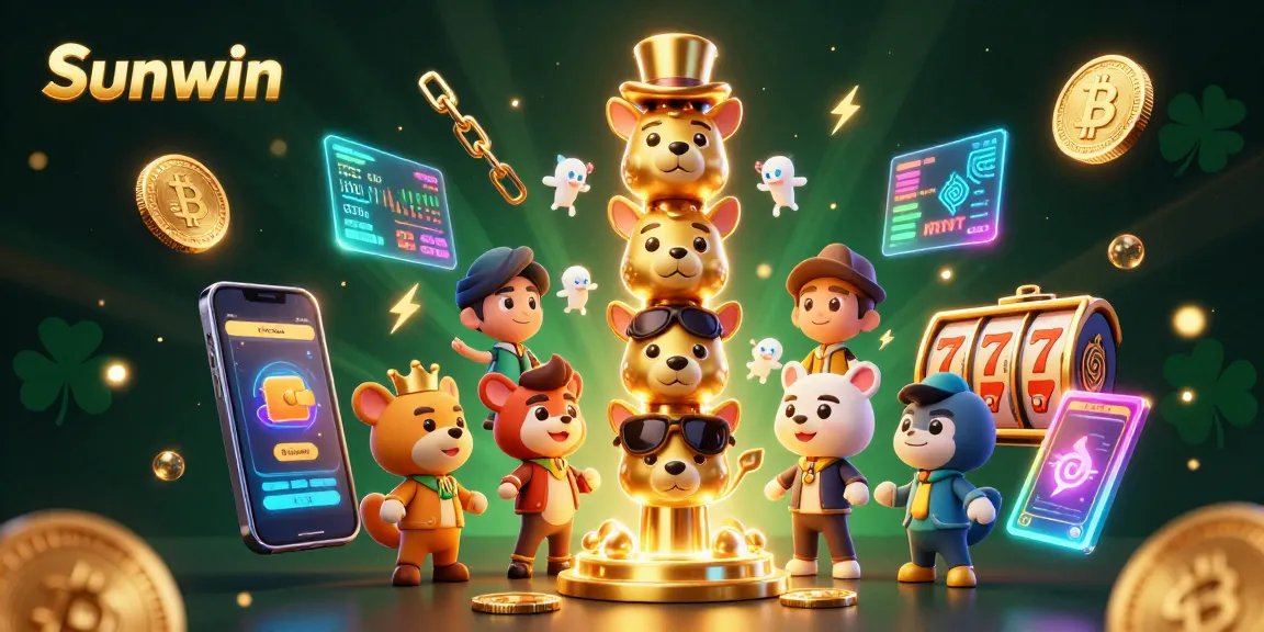 Spin the slots with Sunwin's lively 3D interactive casino illustration featuring vibrant characters and elements.