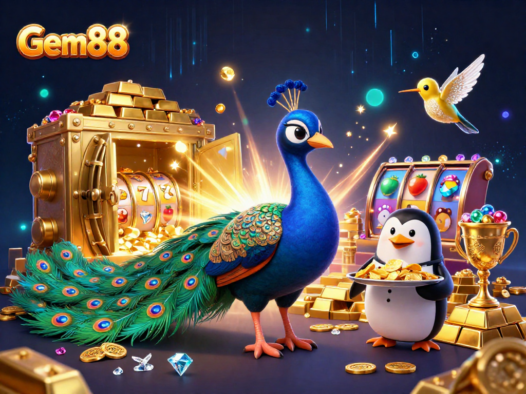 Experience Gem88's vibrant casino world with a peacock, a butler penguin, and treasures.