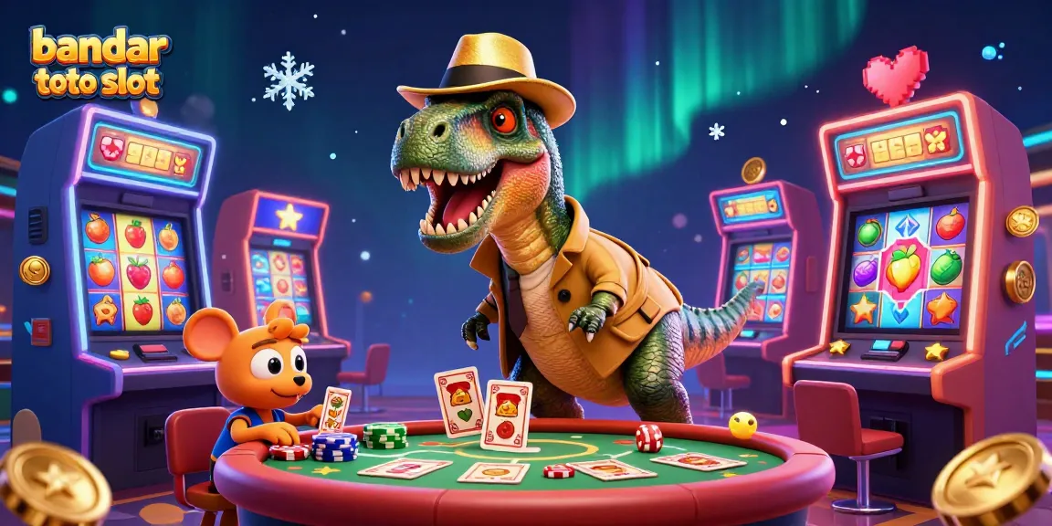 Engage with bandar toto slot excitement featuring a velociraptor at the slot machine in a colorful casino scene.