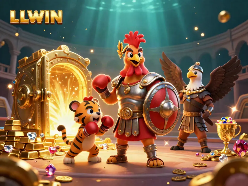 Experience thrilling gameplay with LLWIN at a vibrant online casino featuring a gladiator rooster and treasures.
