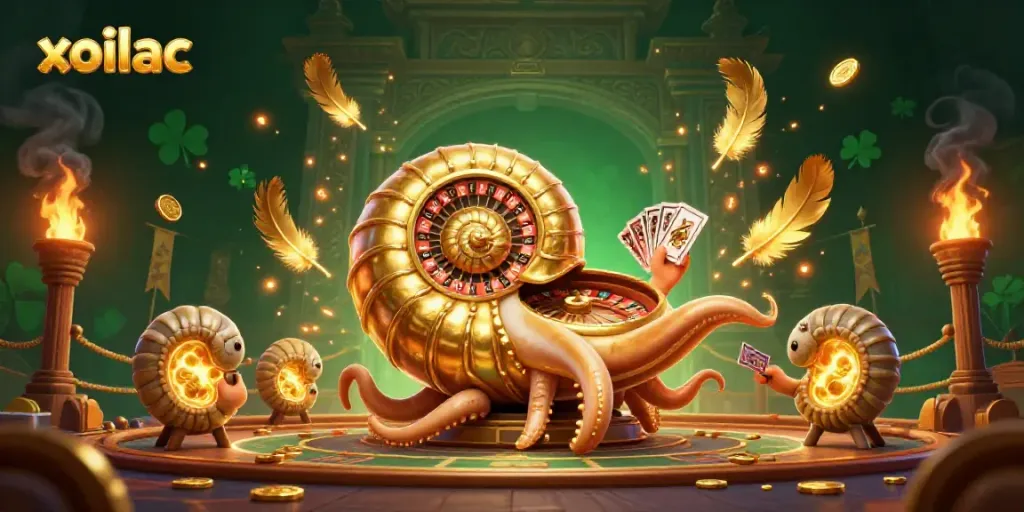 Xoilac brings excitement with a giant nautilus roulette wheel and glowing ammonites in a vibrant casino scene.