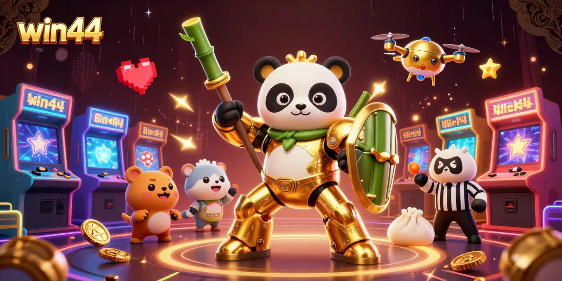 Win44 bets come alive with a mech-suit panda battling in a lively casino arena.