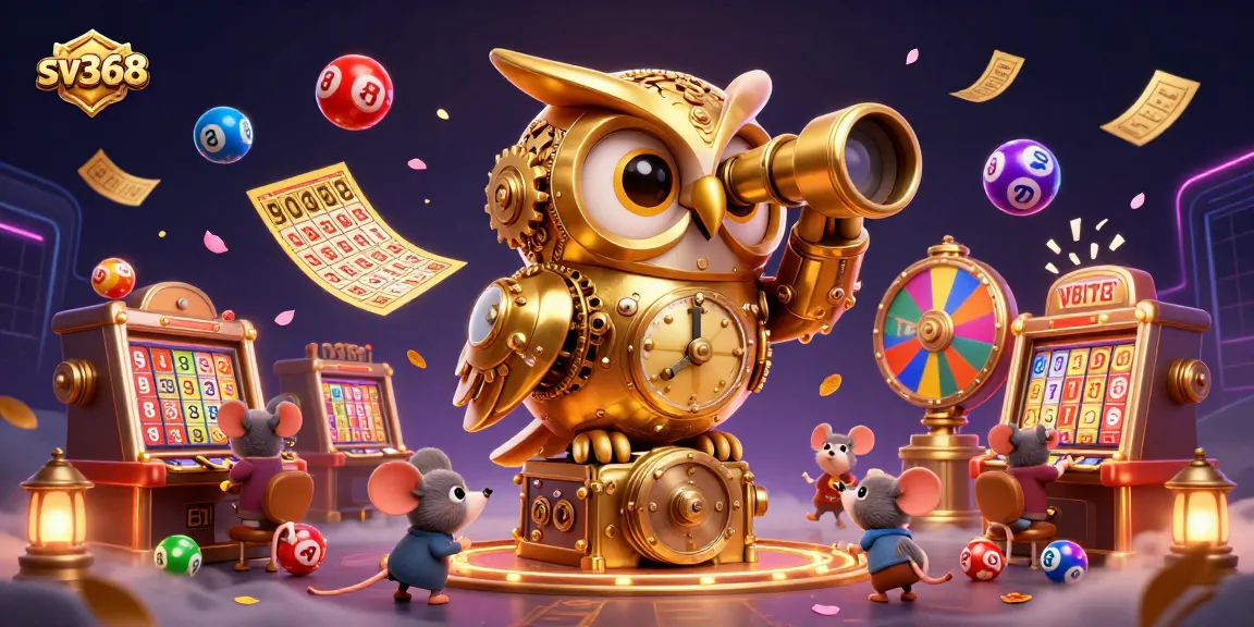 Experience the vibrant excitement of sv368 with a golden clockwork owl surveying a bustling casino floor packed with games.