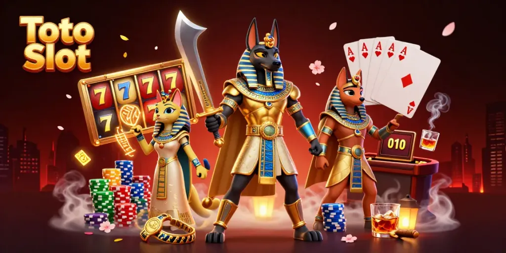 Gambarkan Toto Slot dengan Anubis dan Bastet, fokus pada gulungan slot dan jackpot yang menakjubkan.