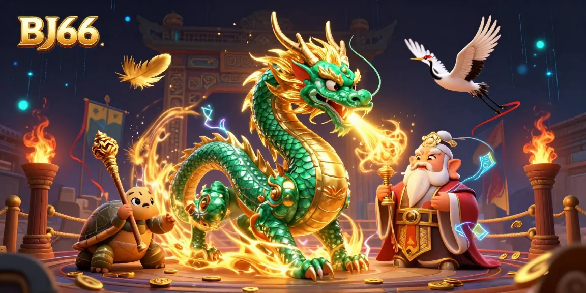 BJ66 showcases an epic scene with a jade dragon, turtle sage, and lucky cranes in a dynamic casino setting.