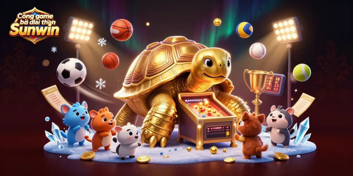 Cổng game bài đổi thưởng Sunwin showcases a whimsical 3D illustration of a giant tortoise pinball machine amidst dynamic sports elements.