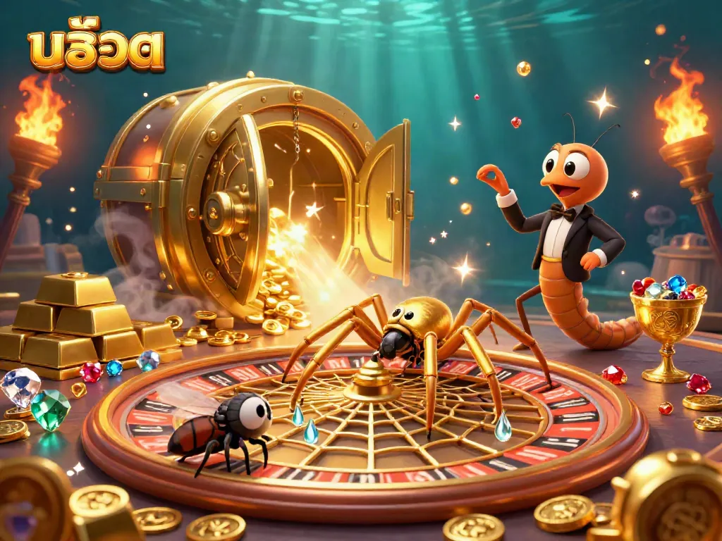 Engage with สล็อต in this vibrant 3D scene featuring a spider and centipede croupier amidst treasure and casino elements.