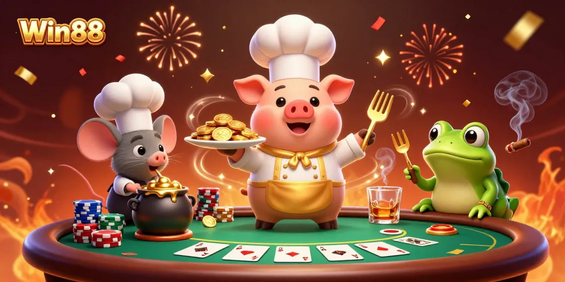 Win88 players enjoy thrilling poker games surrounded by festive elements and colorful chips.