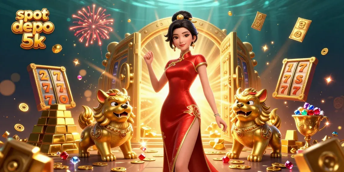 Immerse yourself in the vibrant scene of slot depo 5k, showcasing a glamorous woman amidst golden treasures and colorful fireworks.