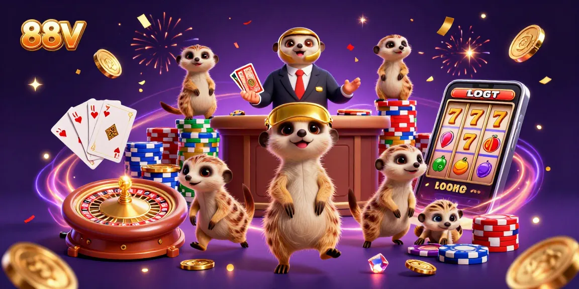 88VV immerse in an exhilarating online casino experience while sneaking chips in this vibrant 3D illustration.