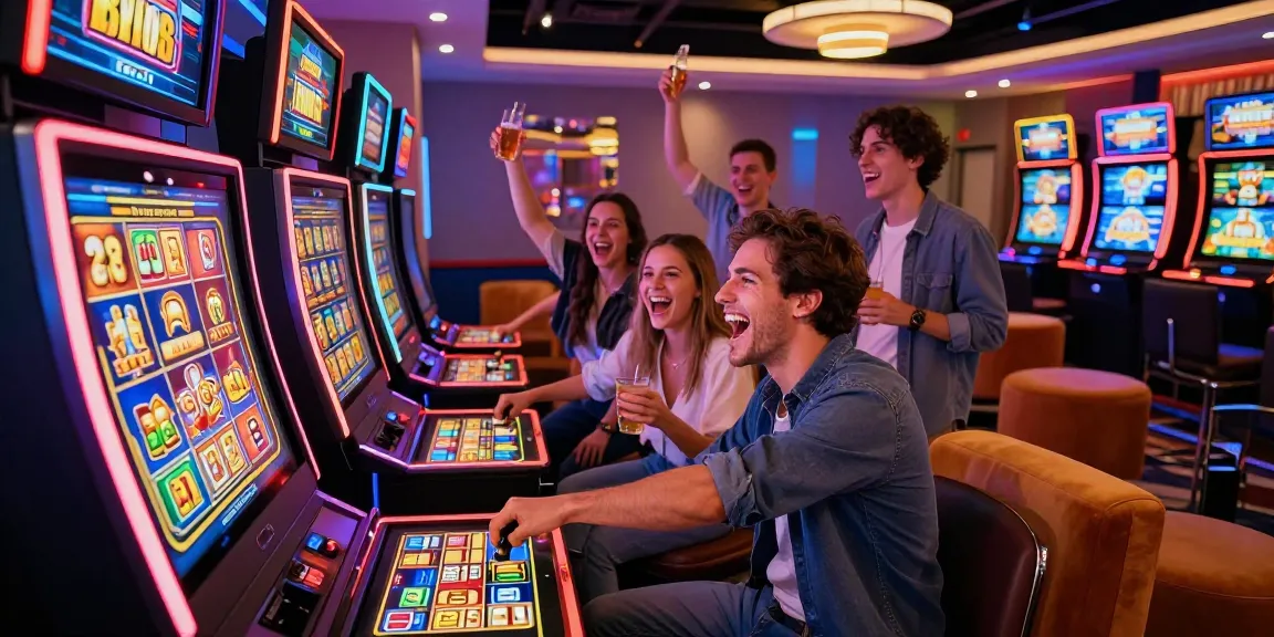 Teman sedang bermain slot di lounge kasino dengan mesin slot bergaya modern dan suasana ceria.