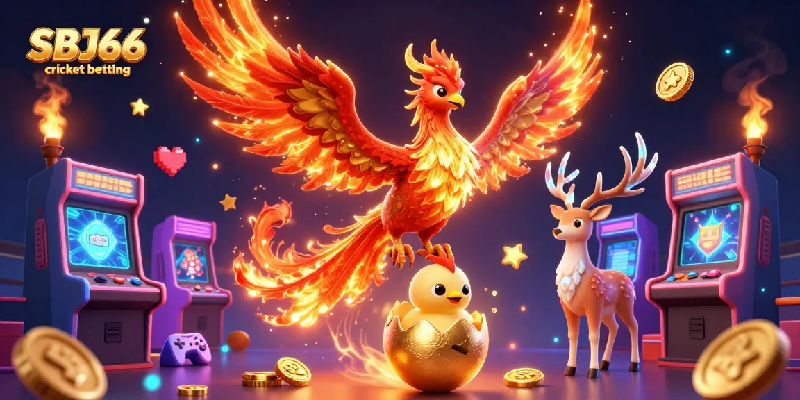 Bet on SBJ66 cricket betting with a vibrant 3D illustration featuring a phoenix and arcade game elements.