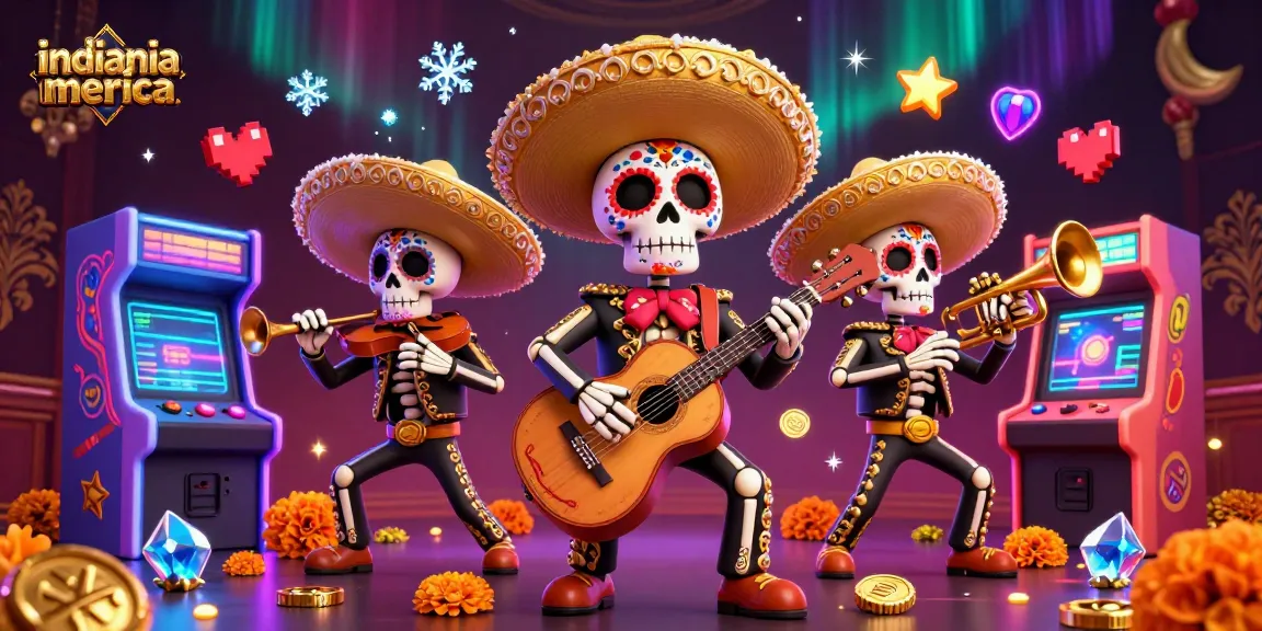 Experience vibrant gaming with the indianiamerica skeleton mariachi band in a colorful arcade setting.