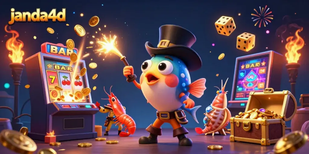 Menangkan perolehan emas di janda4d dengan ilustrasi ikan pemancing dalam topi dan karakter laut penuh keberuntungan.