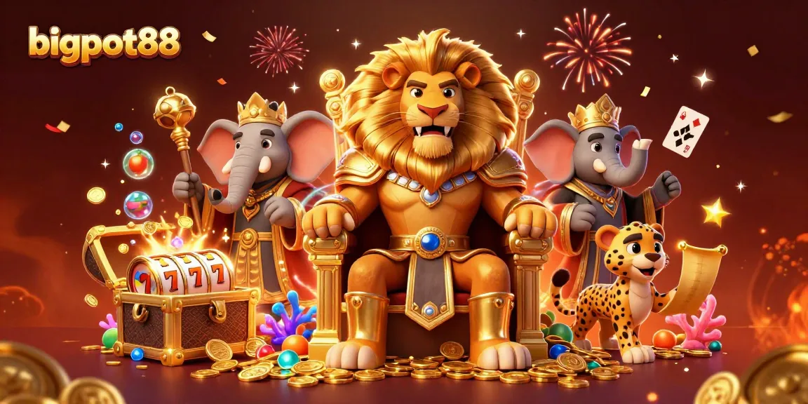 bigpot88 showcases a lion king on a throne of coins amidst vibrant slot reels and festive atmosphere