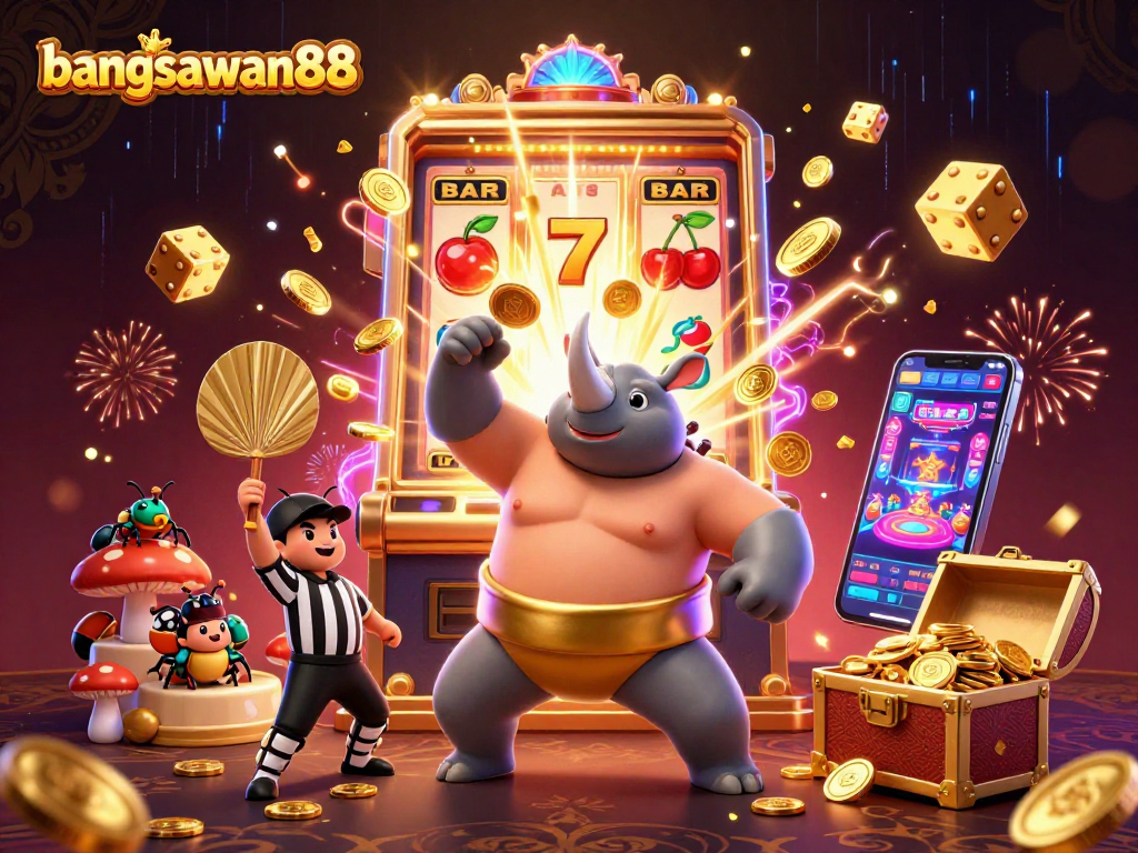 Bangsawan88 showcases an epic casino scene with a beetle sumo champion amidst slot machines and golden treasures.