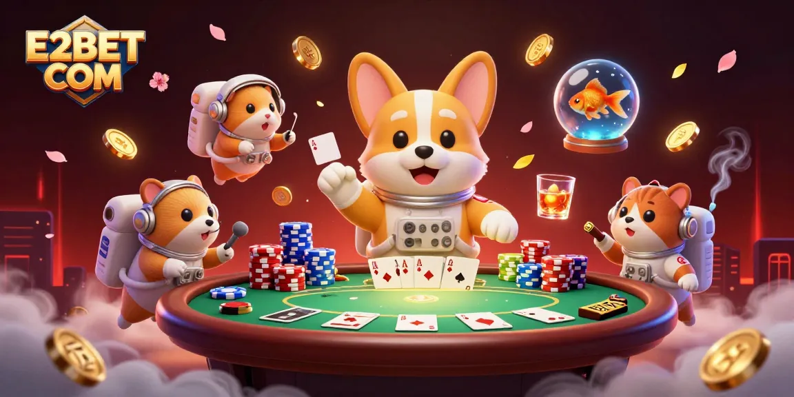 Enjoy exciting gaming at E2BET COM while a corgi floats in a space casino surrounded by vibrant poker elements.