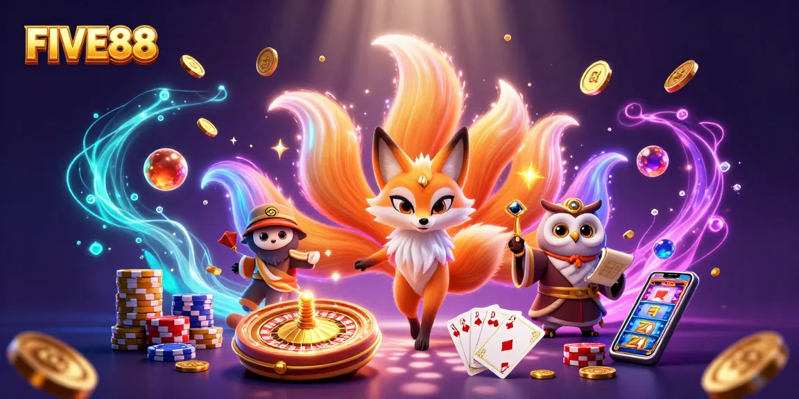 Experience the magic of winning at FIVE88 with colorful characters and dynamic casino elements.