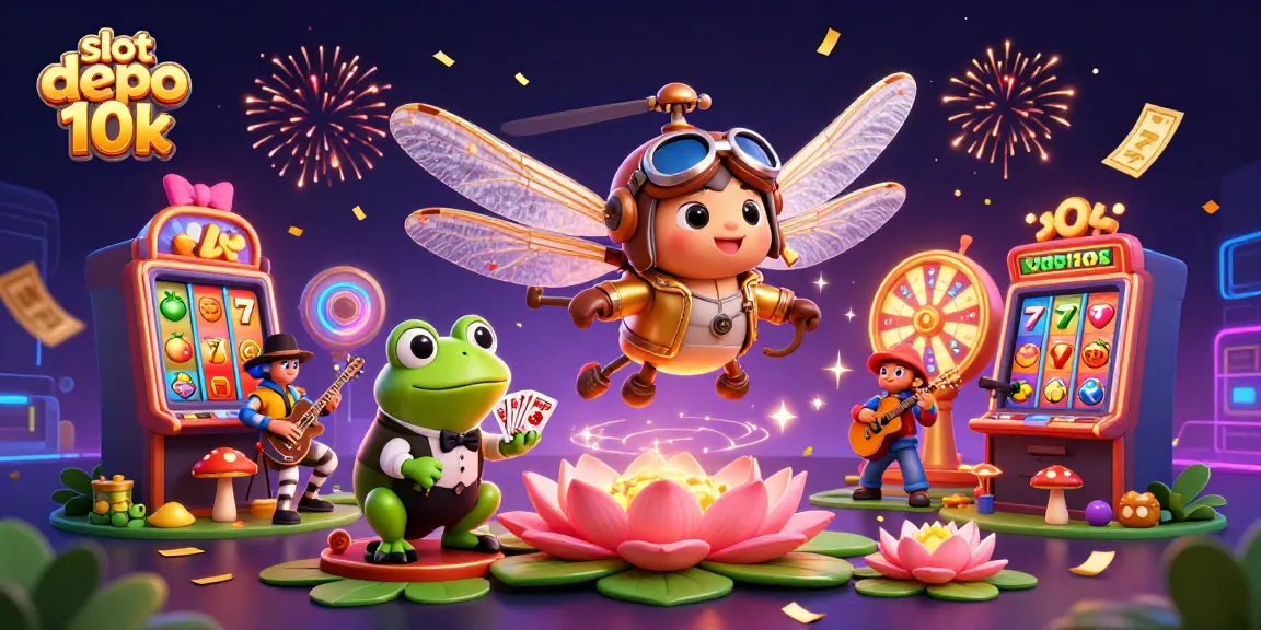 Slot depo 10k: Hiburan menarik dengan mesin slot dan dealer profesional dalam ilustrasi penuh warna.