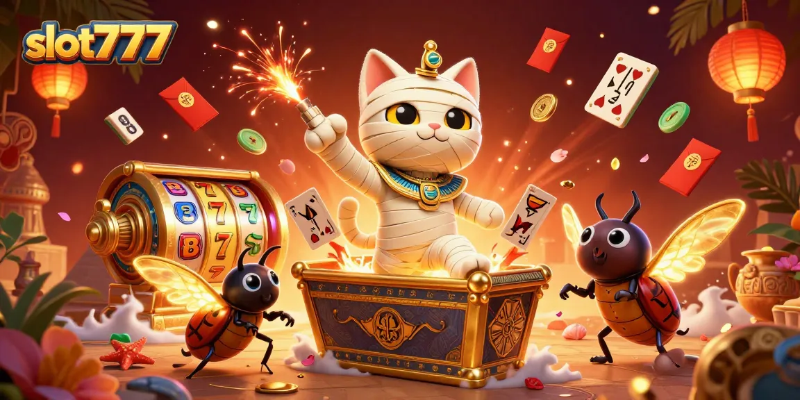Experience the thrill of slot777 with a vibrant casino scene featuring a mummy cat and golden treasures.
