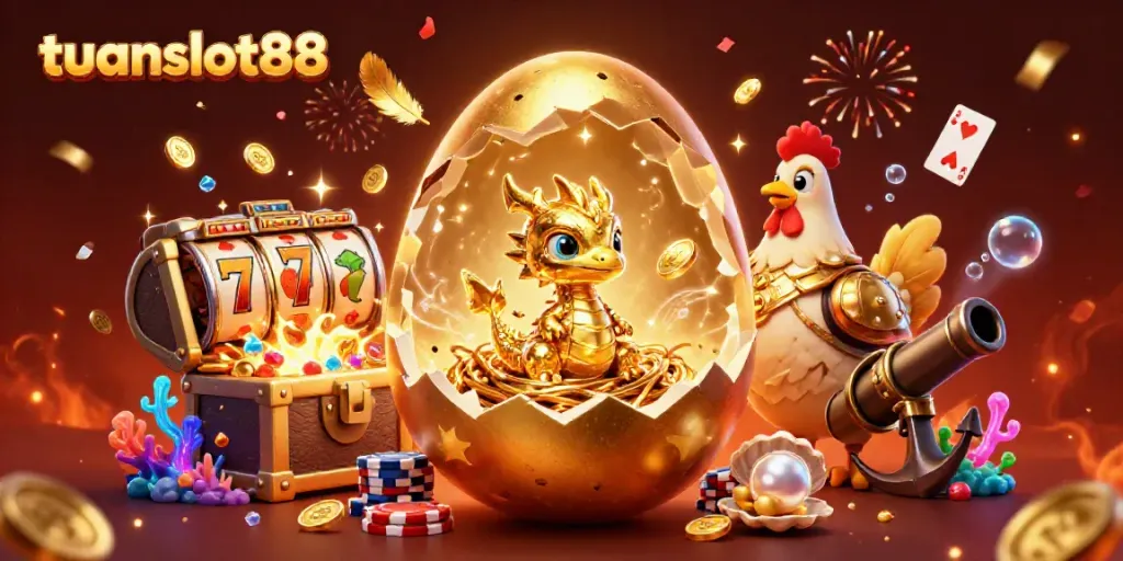 Menangkan jackpot dengan tuanslot88, ilustrasi kasino yang penuh warna dengan elemen slot dan keberuntungan!